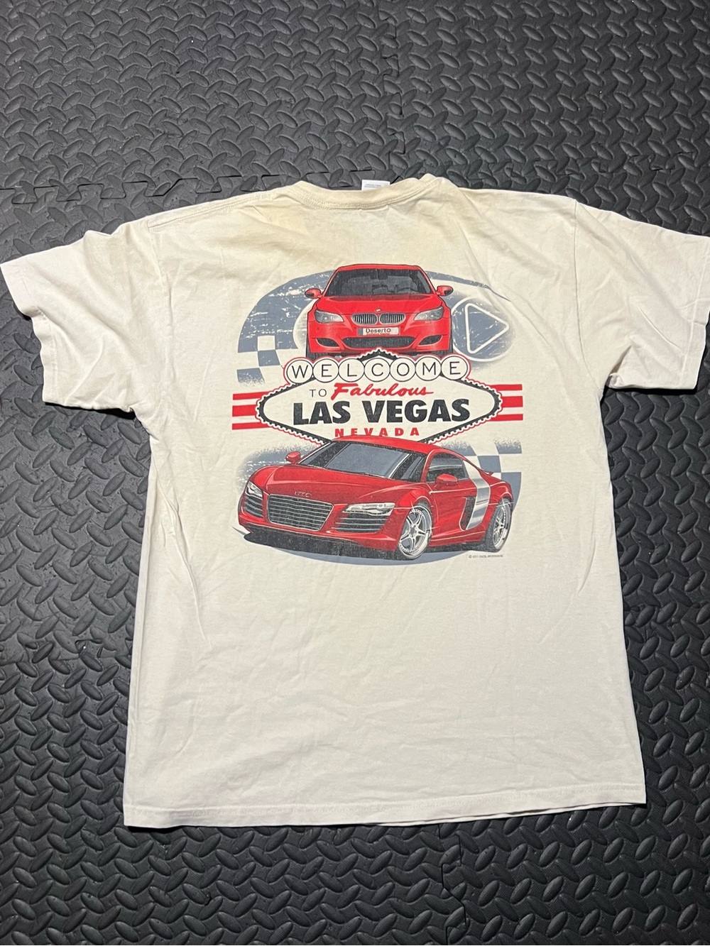 Gildan White Short Sleeve T‑Shirt with Red Car Las Vegas Graphic
